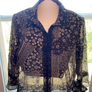 Black floral & lace shoulder pad blouse